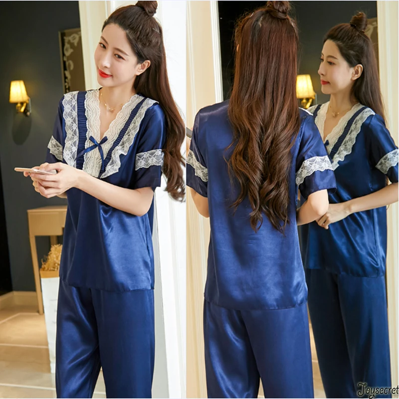 New Lace Edge Ice Silk Pajama Femme Sleepwear Women Satin Pyjama Solid Sexy Nuisette Ensemble V-neck 2 Pièces Pijamas Mujer PJS