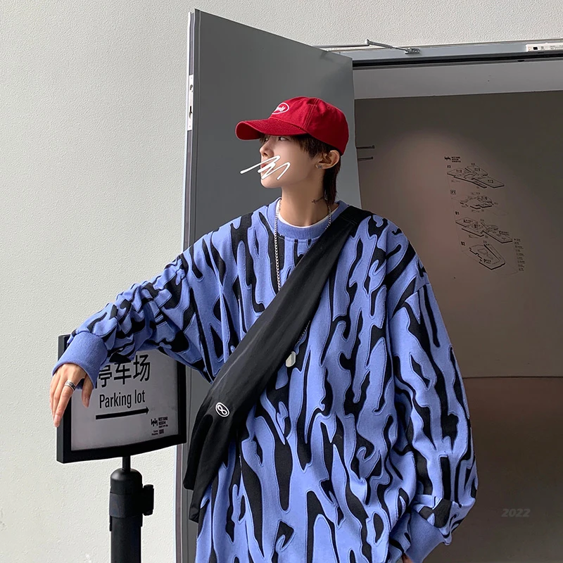 

Men Fashion Sweatshirts Streetwear Zebra Pattern Harajuku Korean Crewneck Hoodies Loose All-match Spring Casual Popular E108