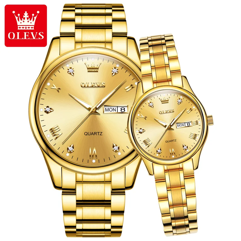 OLEVS Fashion Couple Wristwatches for Men Women Luxury Stainless Steel Gold Quartz Watches Waterproof Luminous Week Calendar