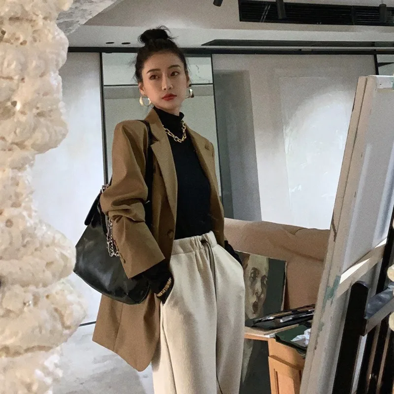 Retro Khaki Blazer Suit Women Solid Colors Single Breasted Casual Office Blazer 2023 New British Style Mid Length Commute Suit