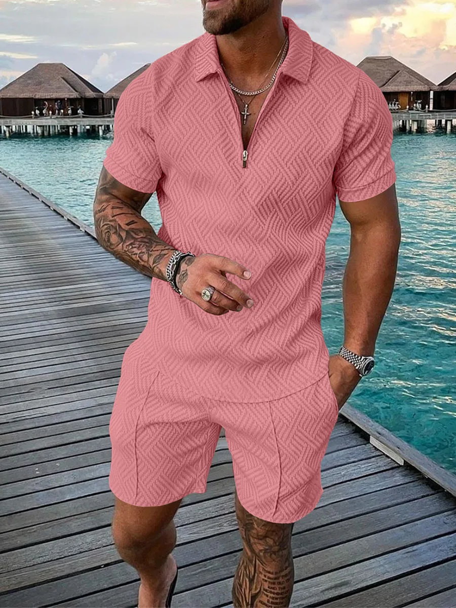 New Men's Suit Set 3D Solid Color Print Summer Short Sleeve Polo Shirt Shorts Suit Fashion Zipper Polo Shirt Two Piece Suit Men