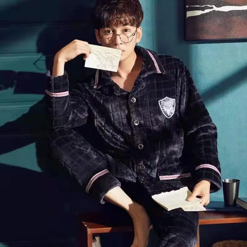 Autumn Winter Man Pajamas Sets Flannel Thick Warm Pijama Male Turn-Down Collar Sleepwear Homewear Casual Pyjama