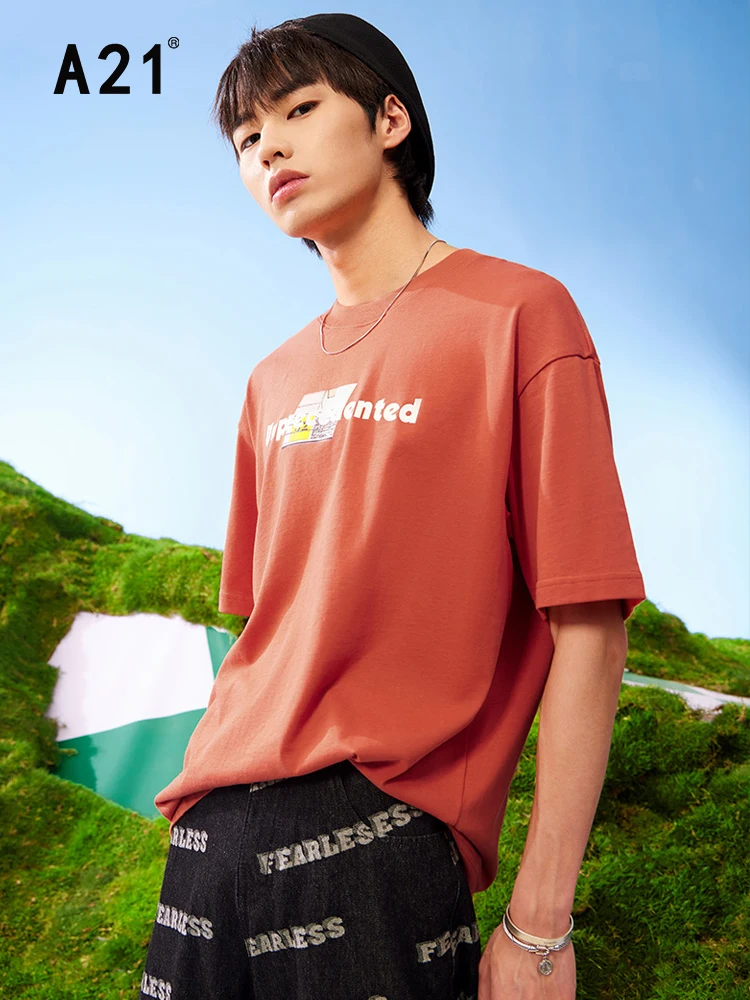 

A21 100% Cotton Red T-shirts Men Streetwear Summer 2022 Fashion New Casual Oversized Printed Tees Male's Loose Short Sleeve Tops