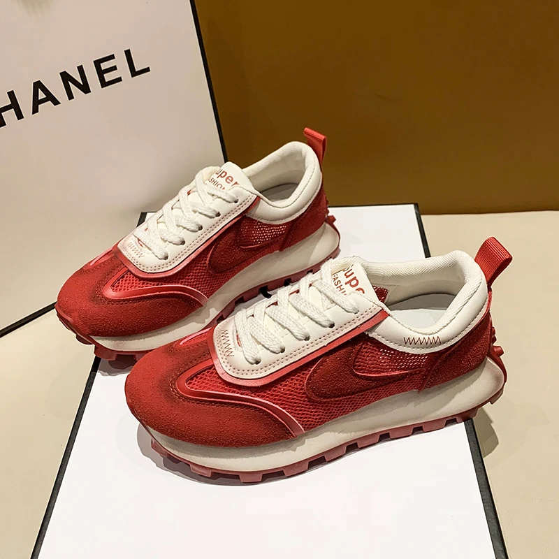 2023 Spring New Women's Breathable Casual Shoes Lace up Outdoor Sports Shoes Color Matching Women's Leather Vulcanized Shoes