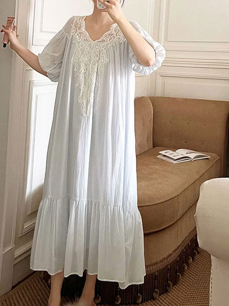 Французские белые кружевные ночнушки в стиле ретро хлопковые мягкие рубашки с