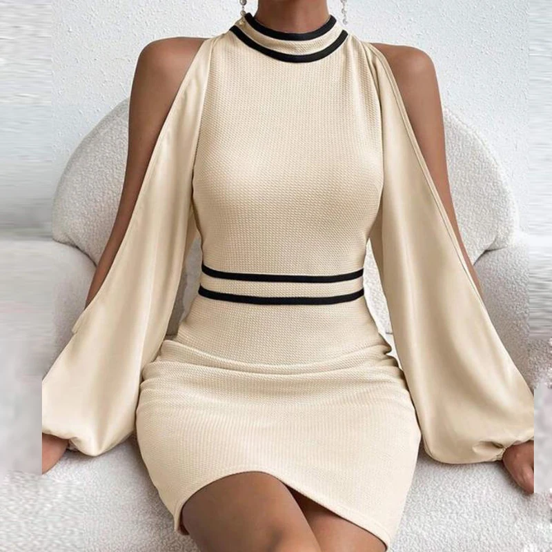 

Элегантное облегающее мини-платье с круглым вырезом и талией, осенние женские облегающие платья с открытыми плечами