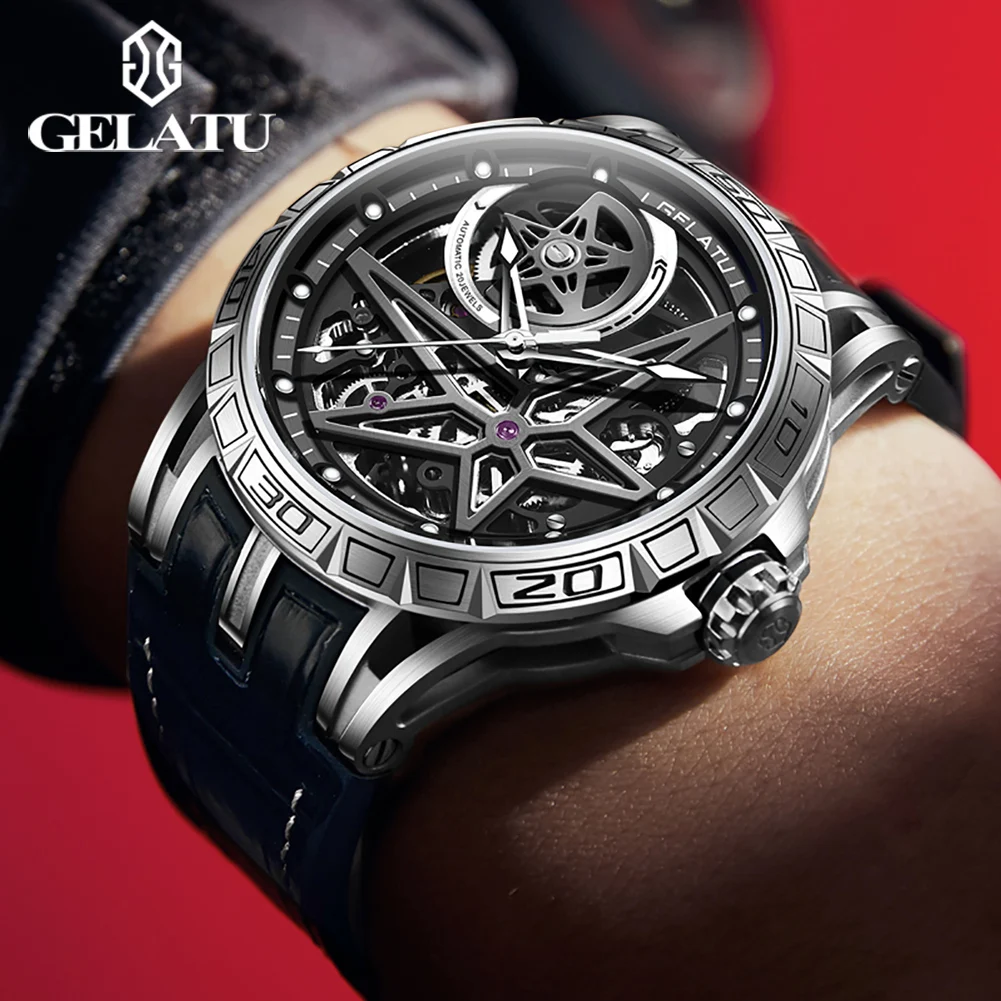 Фото Мужские часы GELATU 6009 TOP Brand, скелетон, автоматический механический механизм, кожаный ремешок №3