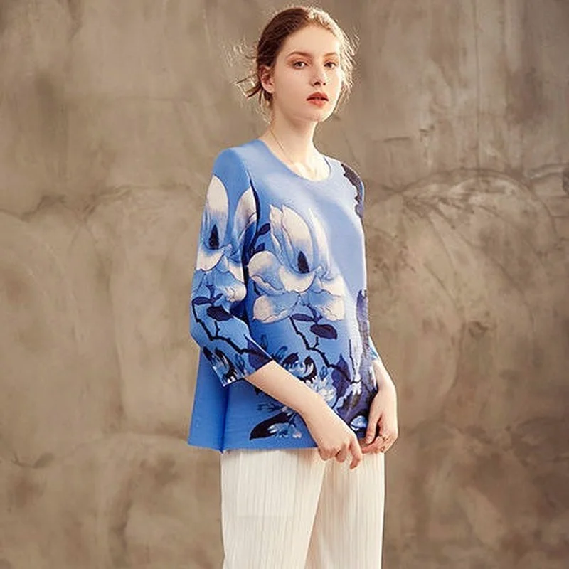 

Blue China Wind Print Written Clothing Women T shirt 2022 Spring and Summer Elegant Quality T-Shirt O Neck short sleeve T shirt