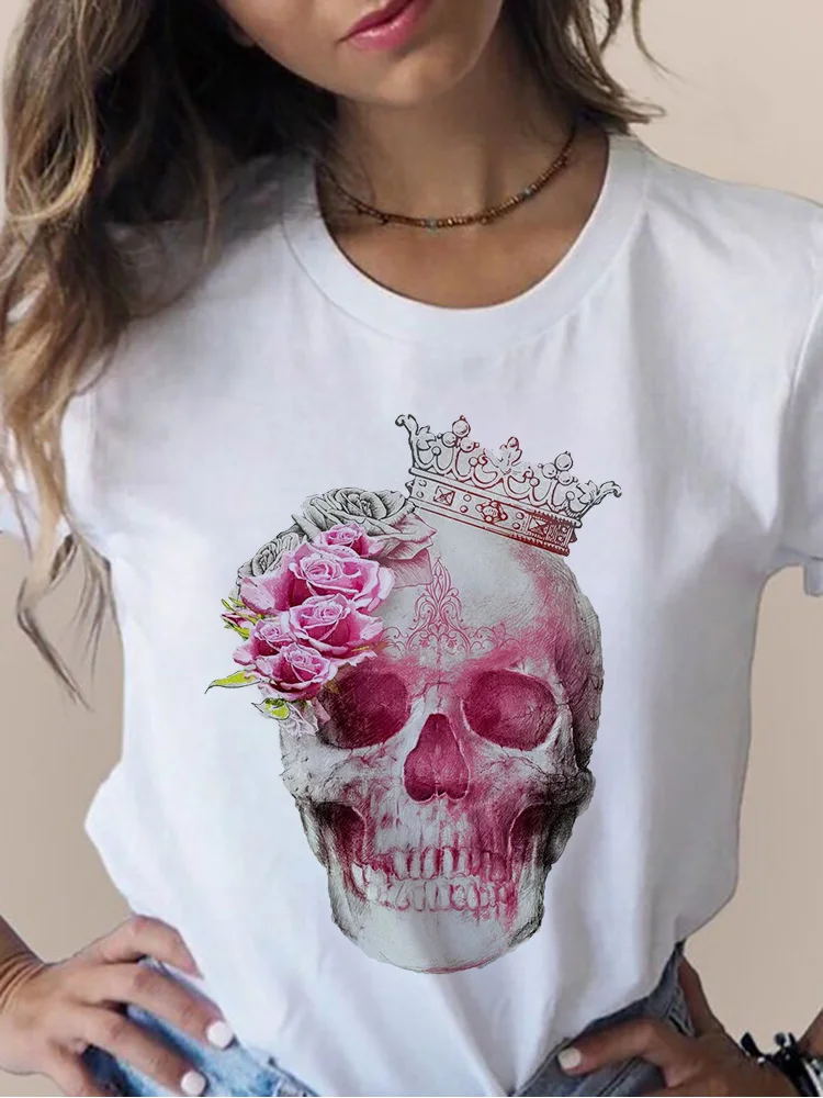 

Summer Cartoon Women T Shirt Skull Flower Print Short Sleeve Graphic Tee Tops Casual O-Neck 90s Streetwear Female TShirt 2022