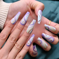24pcs false nails purple long print wear nail art nails press on artificial fake nails long press on nails with jelly glue