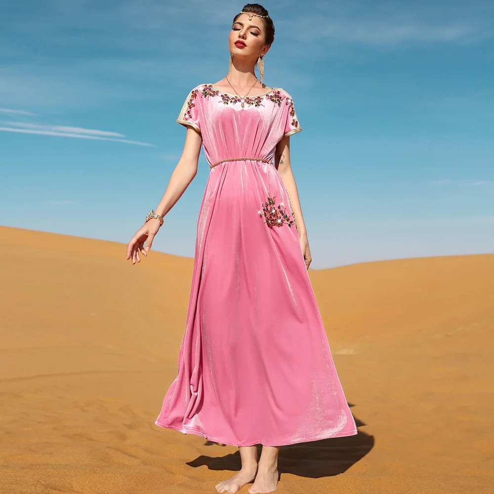 Pink Velvet Hand Sewn Diamond Dress Travel New Long Dress Muslim Robe Abaya Islamic Robe Party FashionDress Party Festive Dress