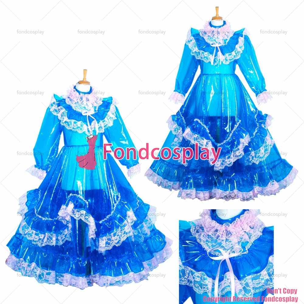 

tailor-made sexy adult dressing cross maid sissy long blue clear pvc lockable eva plastic blue dress tv/cd[g3850]