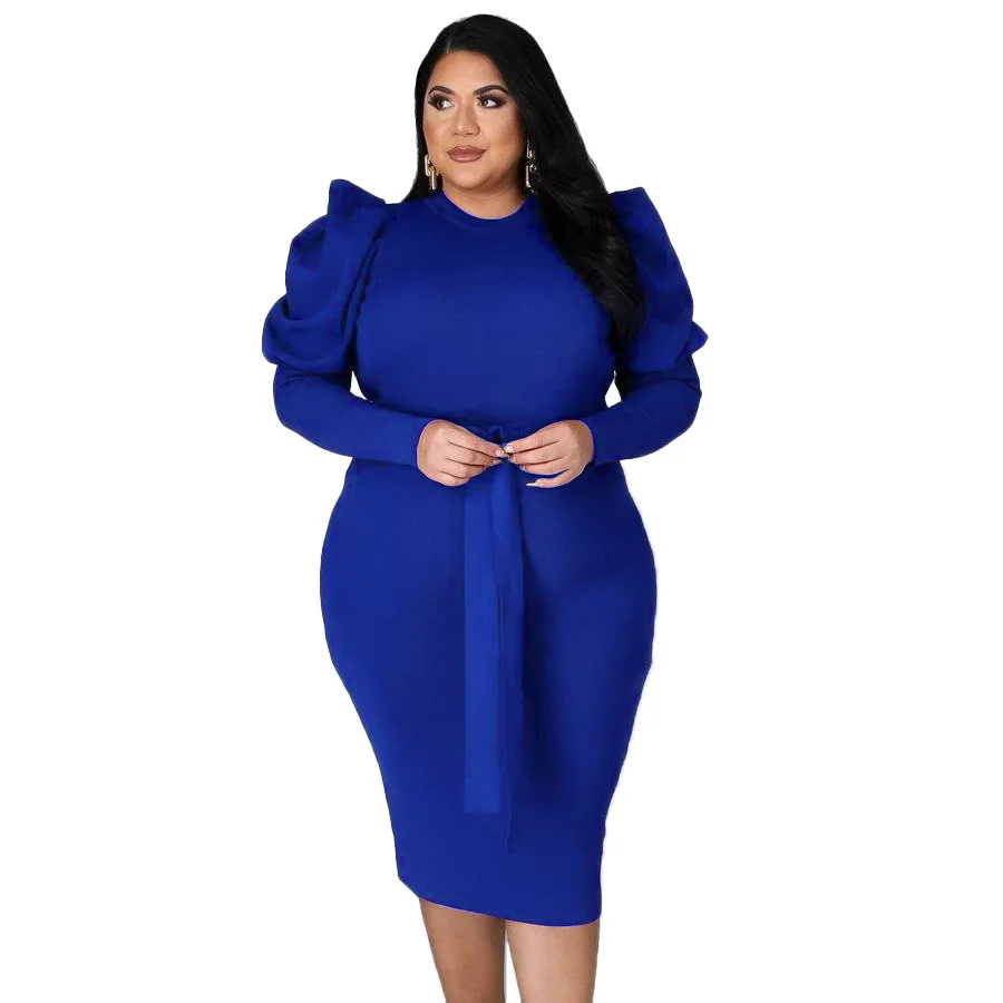 Plus Size Dresses O-Neck Solid Lace Up Knee-length Long Sleeve Elegant Long Women's Overalls Party Dress High Street Sheath Full