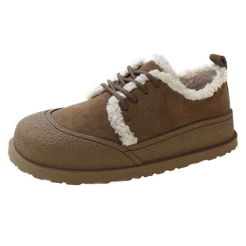 Women Winter Warm Casual Derby Shoes Plush Lining Keep Warm Toe Cap Lace Up Girls Flats Leisure Boat Shoes Female Snow Shoes