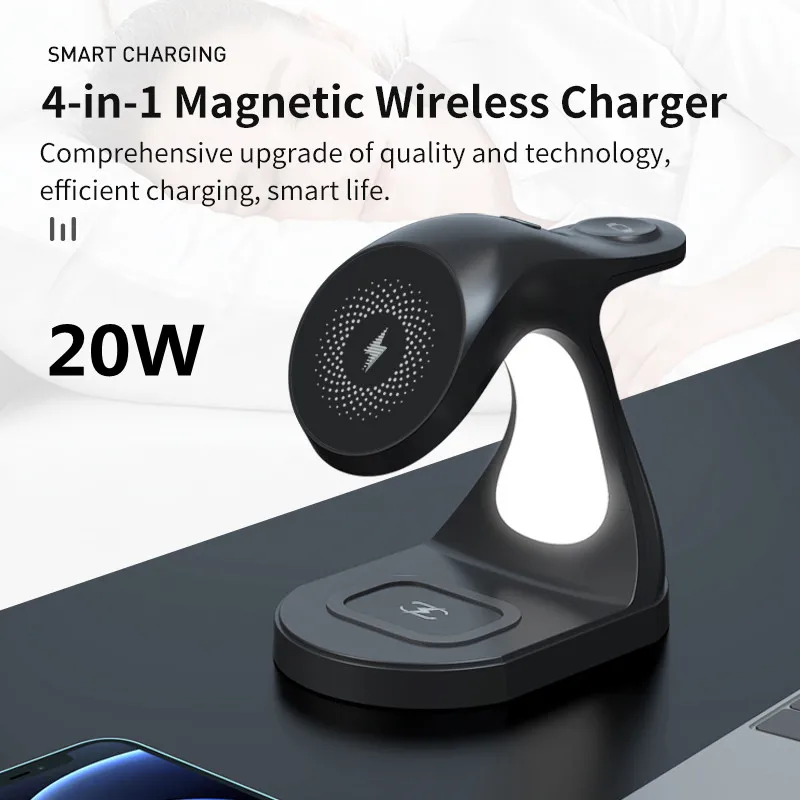 

Магнитное Беспроводное зарядное устройство Qi 4 в 1 для iPhone 13, 12Pro Max, 20 Вт, подставка для быстрой зарядки с ночным светом для Apple Watch Airpods Pro