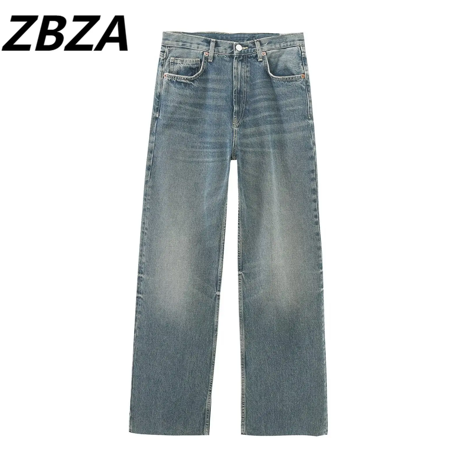 

ZBZA Women 2023 New Chic Fashion High Waist Wide leg Jeans Vintage Zipper Fly Pockets Frayed Hem Female Denim Pants Mujer