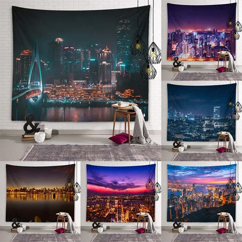 Гобелен с ночным видом в городе мировая города великолепная архитектура гобелен