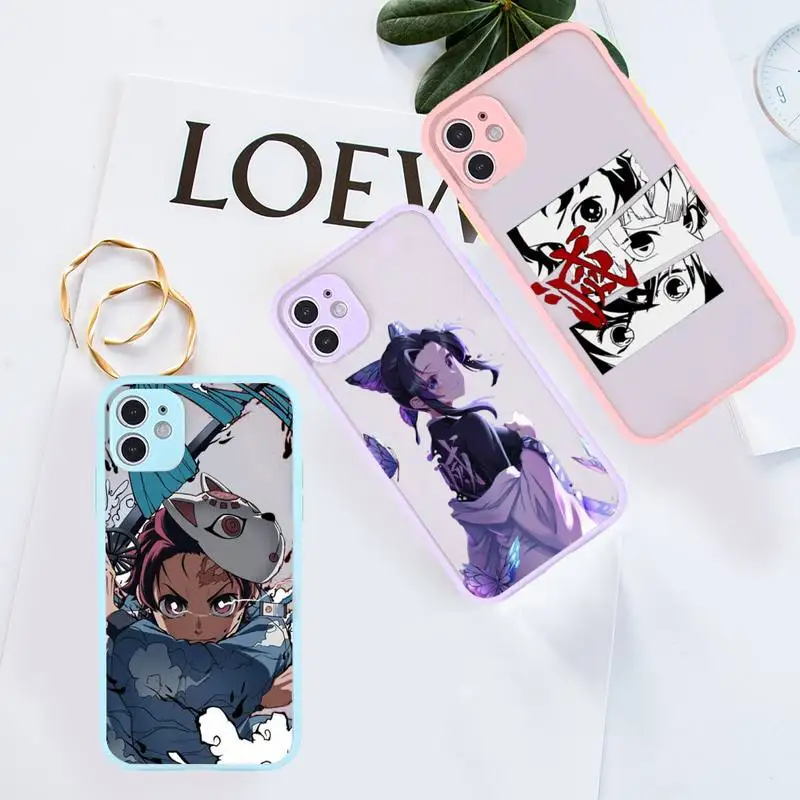 

Kimetsu No Yaiba Demon Slayer Phone Case For iPhone 13 12 11 Mini Pro XR XS Max 7 8 Plus X Matte transparent Purple Back Cover