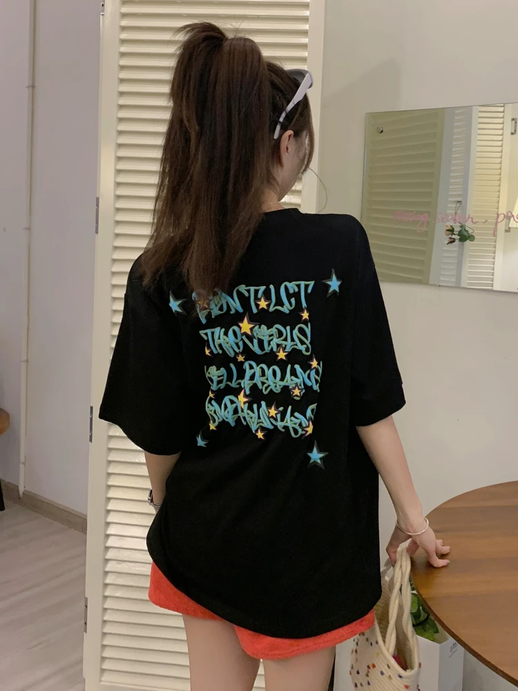 

Gaganight Women Star Letter Print T-shirt Women's Summer 2022 New Casual Loose Mid length BF Wind Short sleeved Top Female Tees