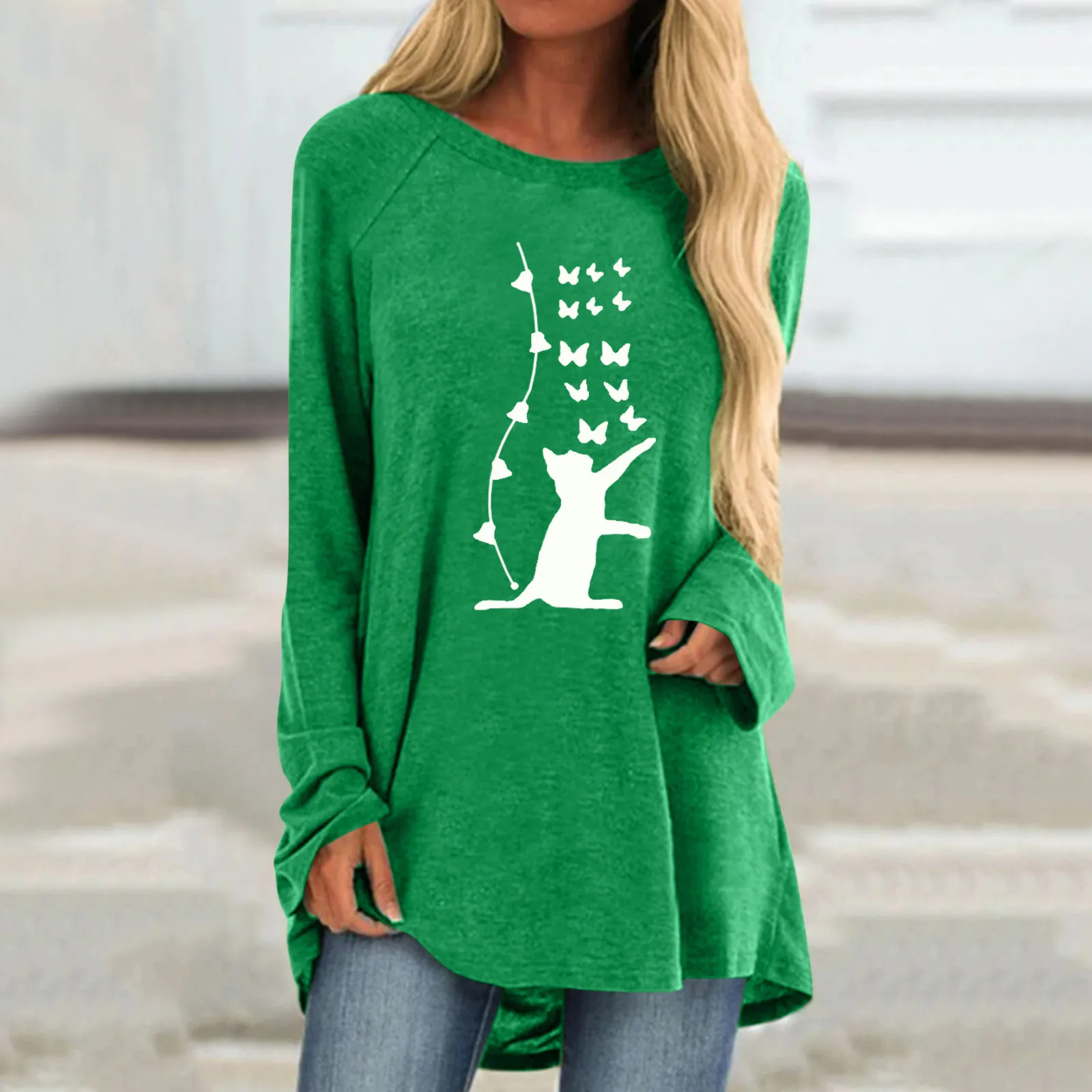 

Fashion Ladies Casual Loose O Neck Cat Printed Long Sleeve T-Shirt Top Womens Log Sleeve Tops Stretchy Shirts Women