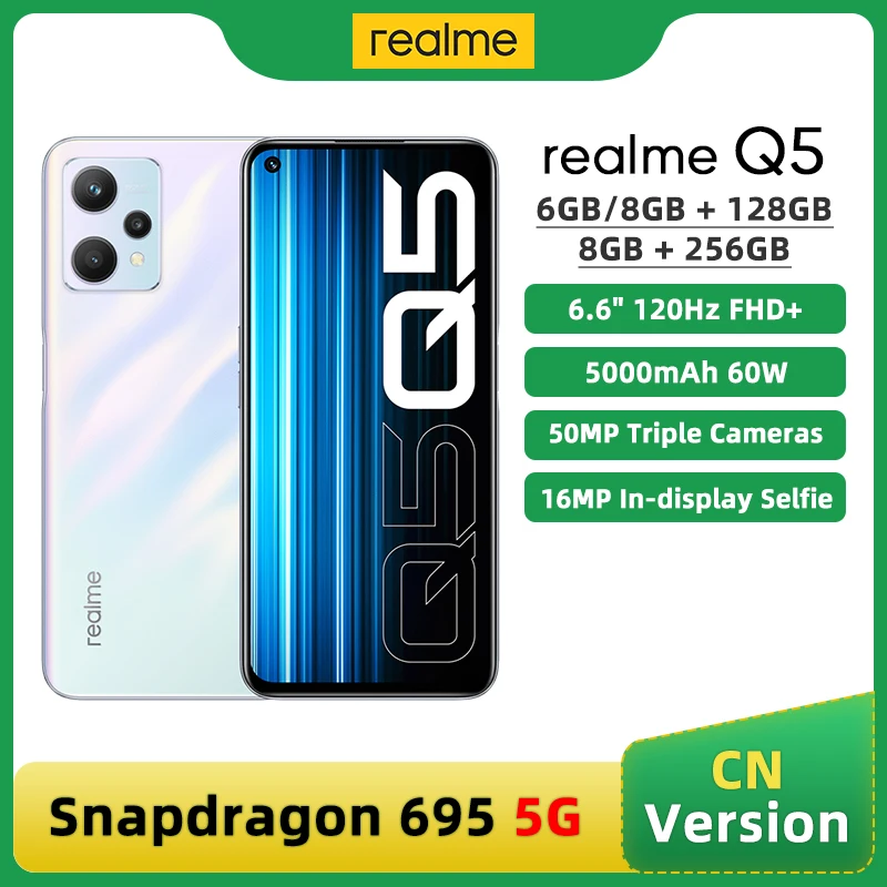 

Смартфон realme Q5, 6 + 695 ГБ, 128 '', 6,6 Гц, тройная камера 50 МП, аккумулятор 120 мАч, 60 Вт