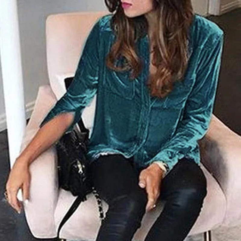 

Блузка женская однотонная с длинным рукавом и отложным воротником, SY2535