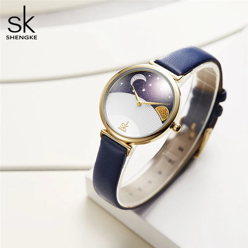 Shengke Original Design Woman Watches Fashion Leather Strap Moon and Star Women's Quartz Wristwatches Top Brand Ladies Clock enlarge