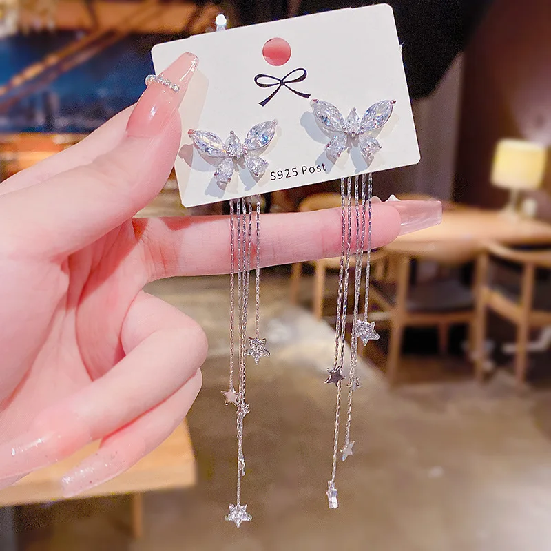 

2022 New 925 Silver Needle Zircon Long Tassel Butterfly Wing Earrings High Fashion For Wodern Women's Girl Earrings