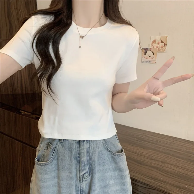 Белая утягивающая хлопковая футболка для женщин с короткими рукавами ...