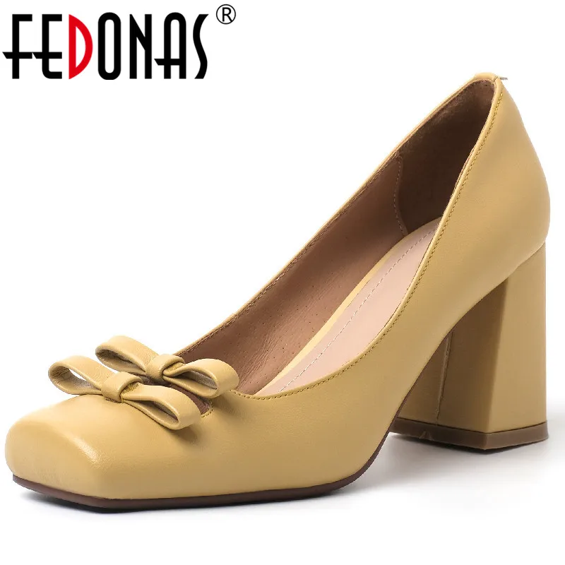 FEDONAS Elegant Women Pumps Spring Summer Party Wedding Prom Butterfly Knot Genuine Leather Thick Heels Square Toe Shoes Woman