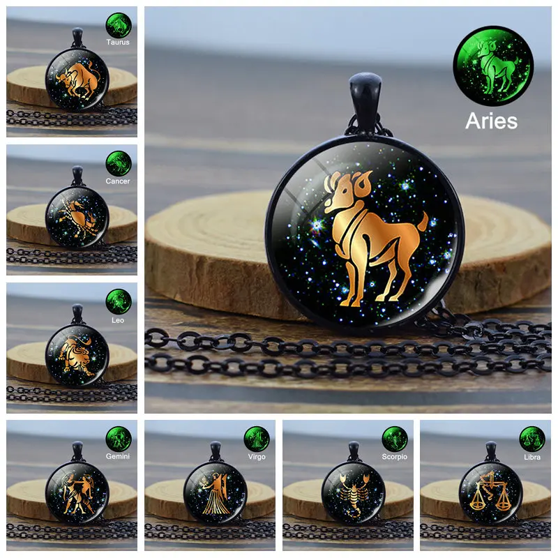 

Glow In The Dark Zodiac Necklace 12 Constellation Birthday Gift Glass Dome Pendant Black Chain Necklace Luminous Jewelry