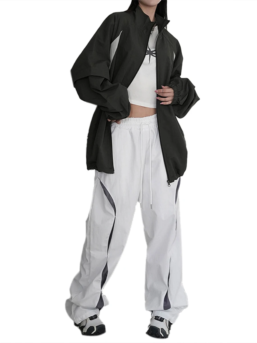 Women Parachute Pants Wide Leg Jogger Cargo Pants Drawstring High Waist Baggy Trousers Grunge Streetwear Black Large