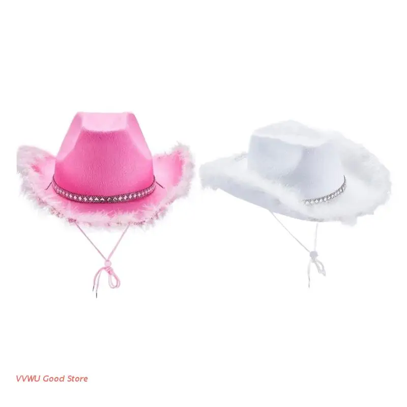 

Women Party Costume Warped Wide Brim w/ Sequin Decoration Tiara Cowgirl Hat