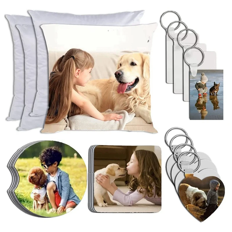 

28Pcs Sublimation Blanks Set, Blank Keychain, Cup Mats DIY Painting Sublimation Transfer Heat Press Painting Accessories