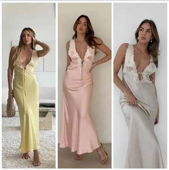 

Foreign Trade Original Order European and American New Women's Dress Lace Splice Venetian Long Dress Sexy Strap Summer