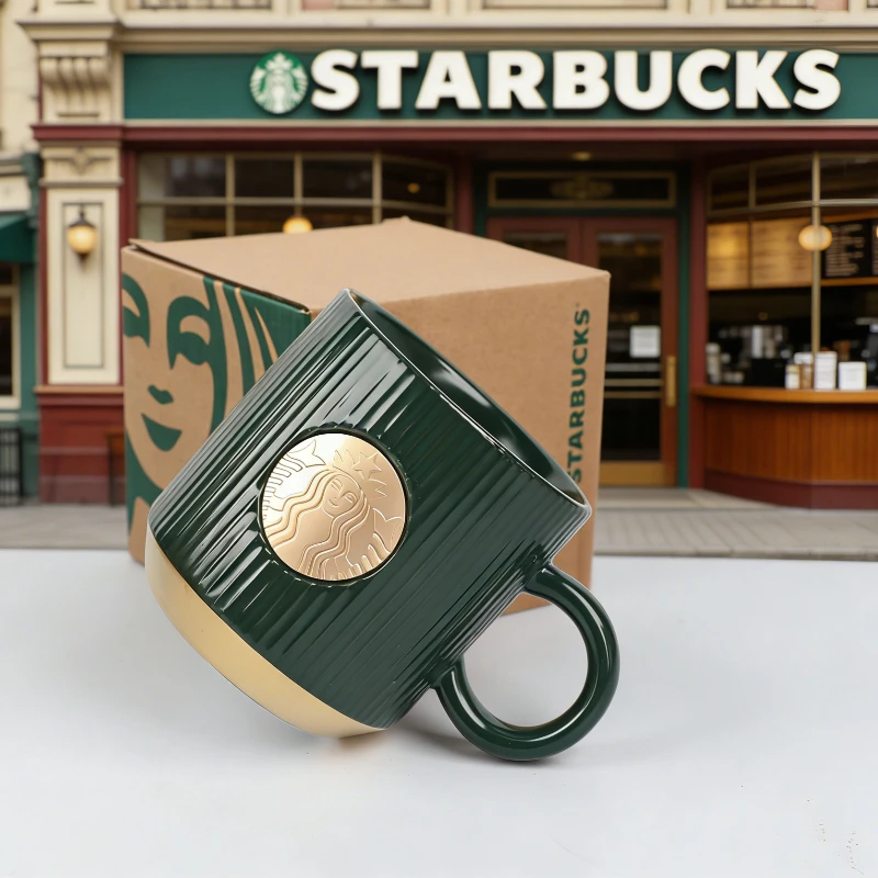 Фото Кружка Starbucks в ретро-стиле с зелеными полосками, золотой эмблемой Siren, 355 мл, стильная кофейная чашка для офиса и дома №3