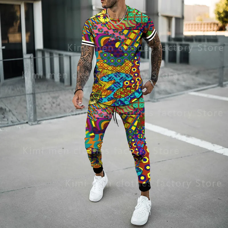 

Men 2 Piece Sets Summer Sportwear Suit Short Sleeve T Shirt Long Pants Men Tracksuit 3D printed Casual Trend Oversized Clothes
