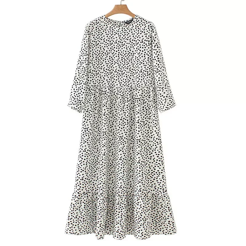 

New2022 White Dots Print Maxi Dress 2020 Pleated Three Quarter Sleeve Female Casual Straight Dresses Chic Ankle Length Vestidos