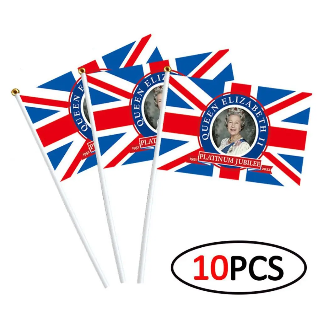 

10pcs 14*21cm Flags England Queen Flag UK Flying Flag Britain United Kingdom Banner With Plastic Flagpoles Hand Waving Flags