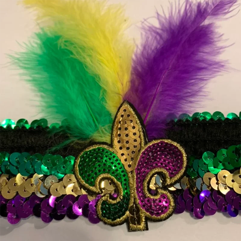 

MARDI GRAS SEQUIN & FEATHERS HEADBAND Fleur De Lis Purple Green Gold Headpiece Women's Mardi Gras Hair Accessories New Orleans