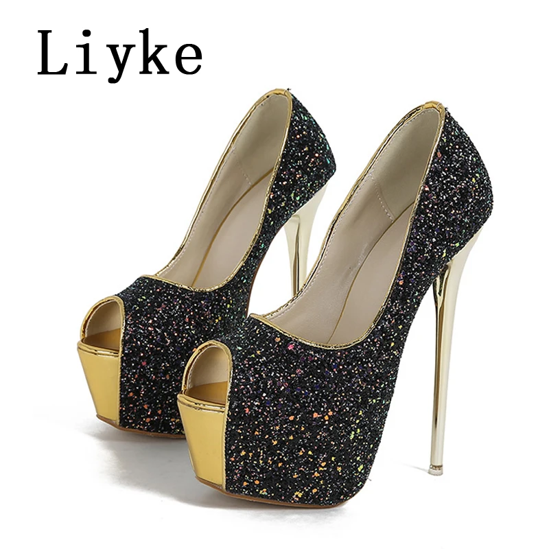 

Liyke Fashion Designer Glitter Peep Toe Thin Heel Pumps Women Wedding Banquet Female Shoes Sexy Platform Nightclub High Heels