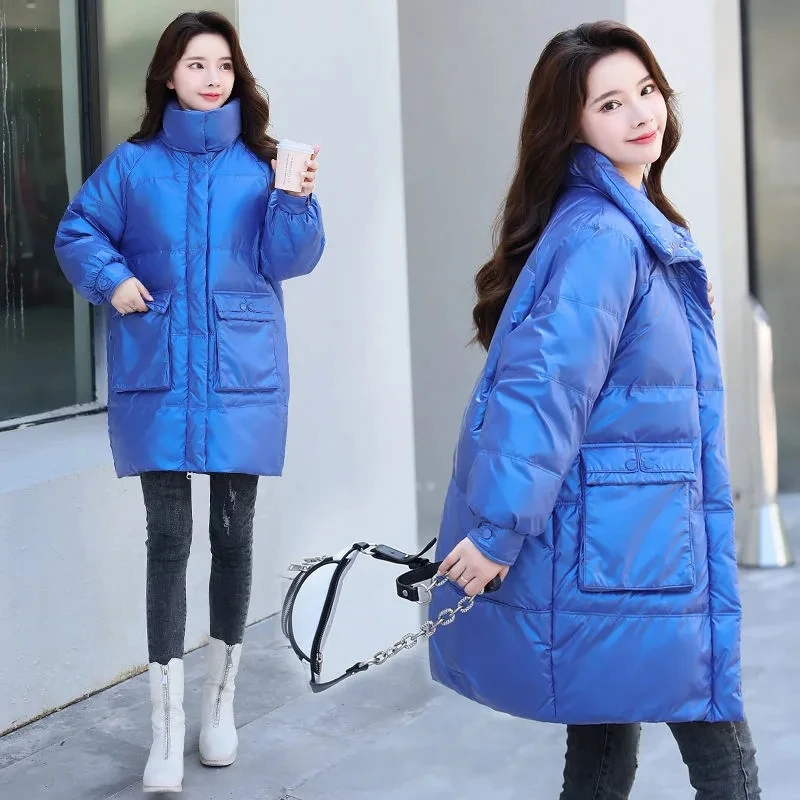 Women's Fashion Glossy Stand Collar Snow Coat Solid Warm Cotton Jacket Loose Zip Up Overcoat Winter Warm Windproof Hooded Parkas