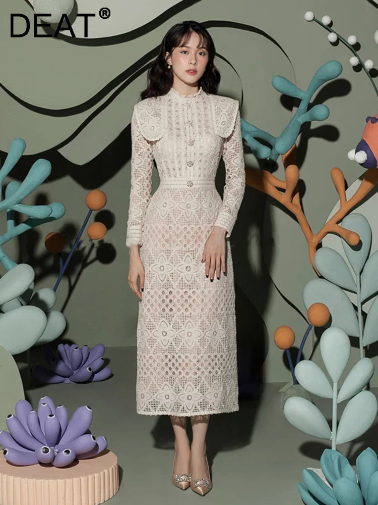 DEAT Элегантное платье с вышивкой кружево ажурные цветы жемчуг пуговицы тонкие