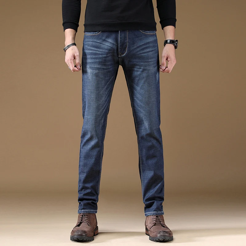 Men's Warm FleeceJeans Business Fashion Winter Plush Thick Denim Trousers Male Elastic Loose Casual Straight Pants Plus Size