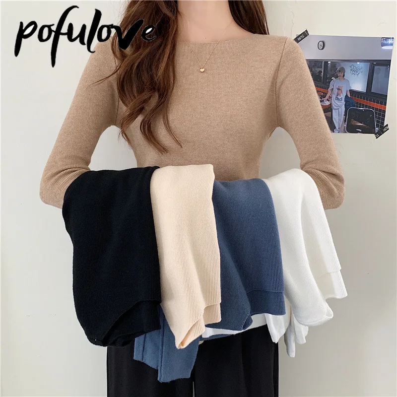 

Женский трикотажный свитер с длинным рукавом, облегающий тонкий однотонный пуловер в Корейском стиле, Осень-зима