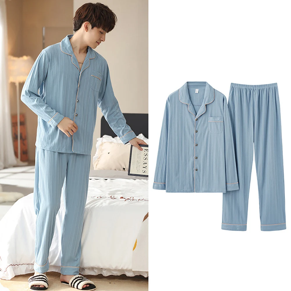 Spring Autumn Cotton Pajama Sets Fashion Striped Pajamas for Men Sleep Casual Sleepwear PJ Set Comfort Man Pijama pijama hombre
