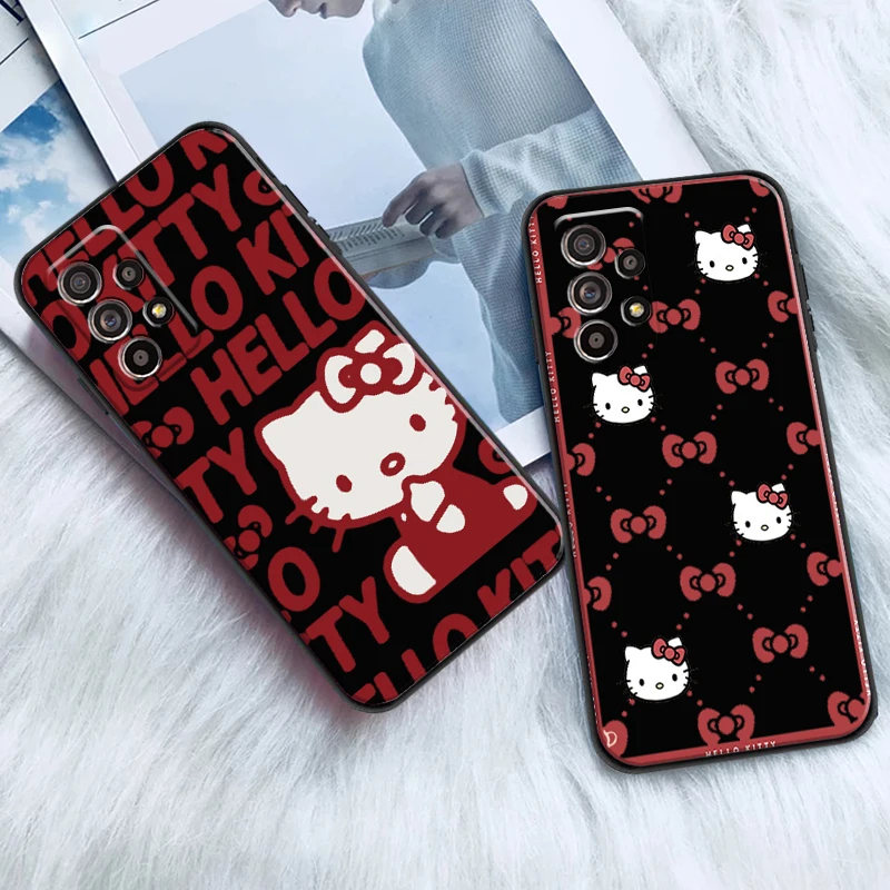 

Fashion Hello Kitty Cartoon For Samsung A52 A72 4G 5G Phone Case Back Black Liquid Silicon Carcasa Funda