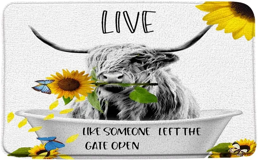

Highland Cow Bath Mat Sunflower Flower Funny Bull Butterfly Bathtub Farmhouse Western Wildlife Animal Creative Bathroom Bedroom