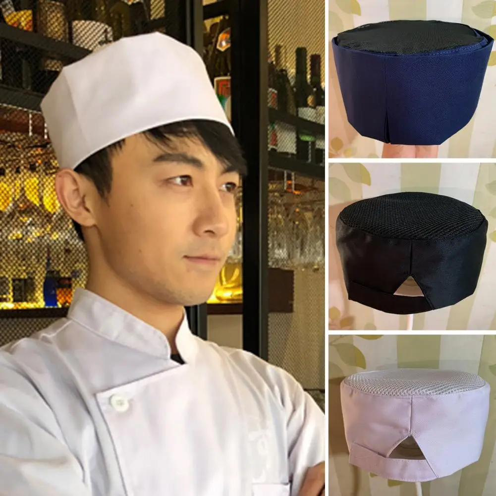 

Breathable Mesh Flat Dome Adjustable Fastener Tape Chef Hat Japanese Korean Food Waiter Working Hat Chef Headwrap Skull Caps