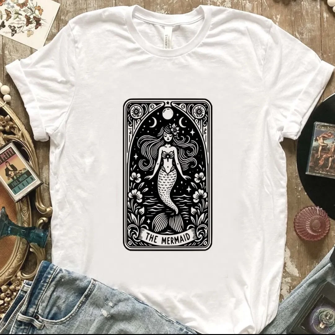 Русалка в стиле ретро Повседневная футболка с круглым вырезом и коротким рукавом